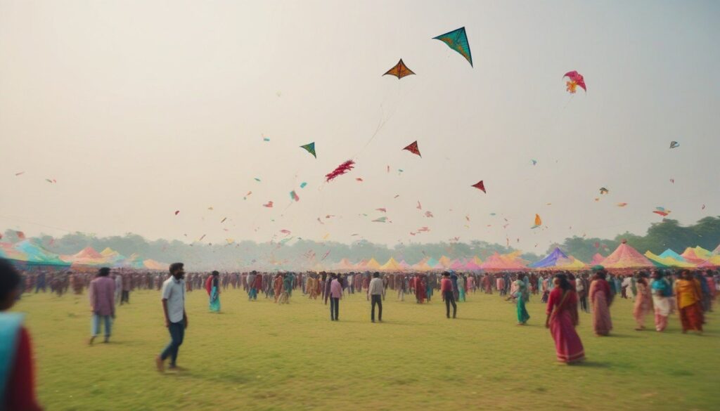 Image of colorful kites in the sky: "Gujarat celebrates Uttarayan with a kaleidoscope of kites"